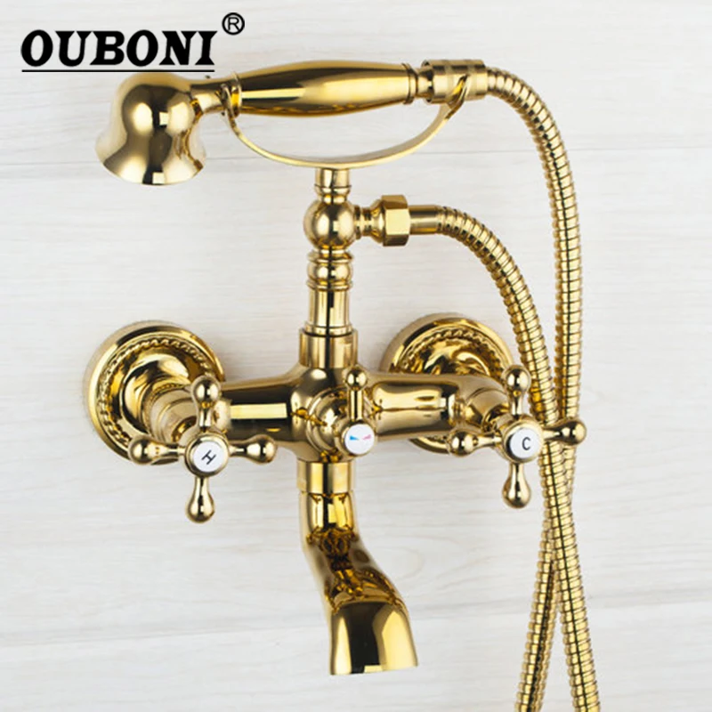 OUBONI Wall Mounted Dual Handles Polished Gold Plated Shower Bathroom Basin Sink Bathtub Torneira Tap Mixer Faucet