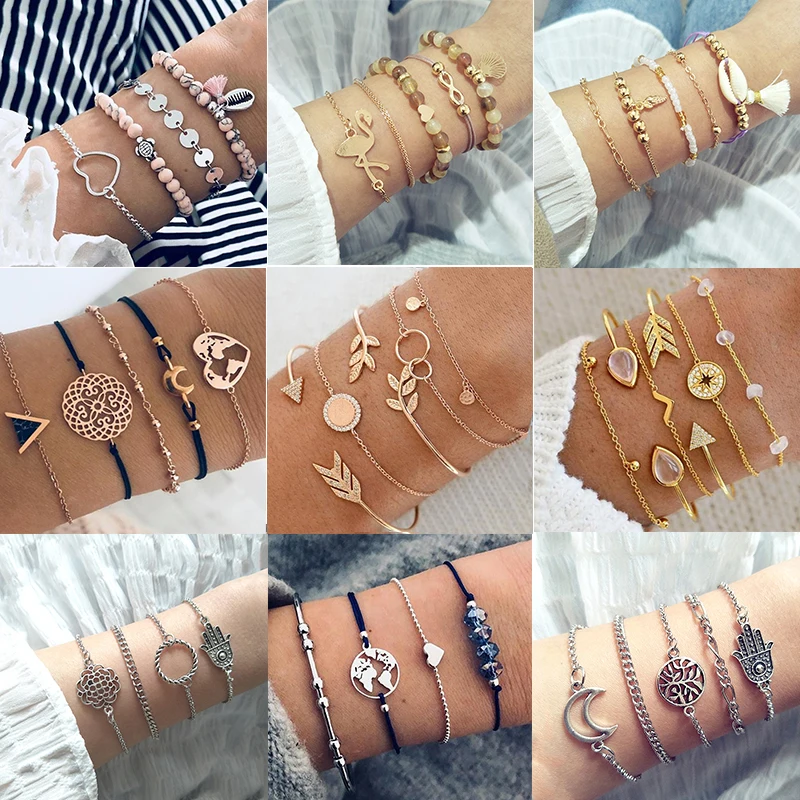 

30 Style Female Boho Map Heart Beads Moon Arrow Turtle Kitten Elephant Pendant Tassel Chain Leather Bracelet Set Combination