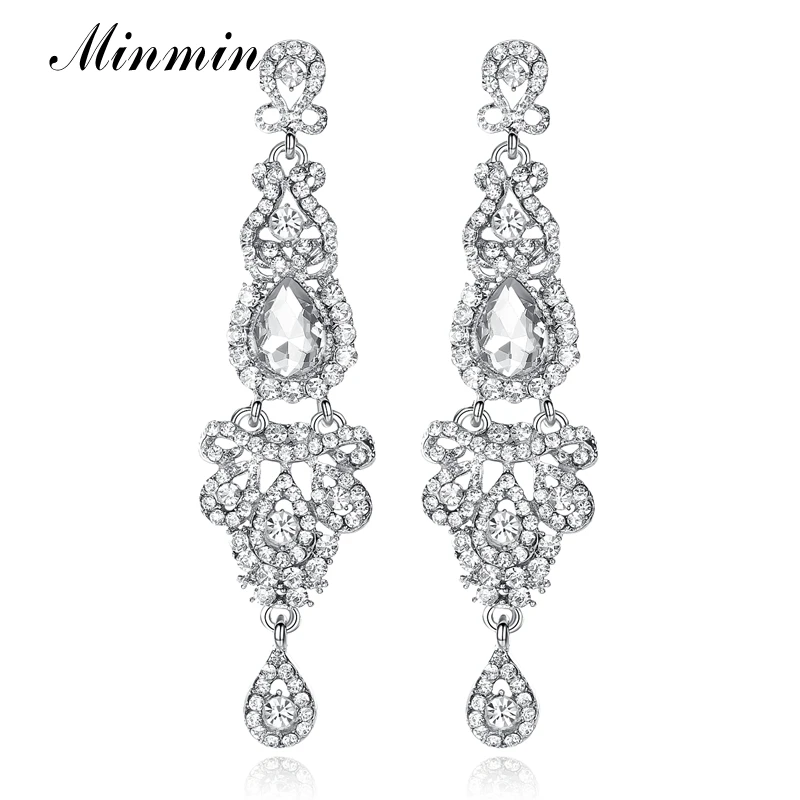

Minmin Silver Color Long Earrings Chandelier Shape Crystal Earrings for Women Big Dangle 2019 Vintage Fashion Earrings MEH162