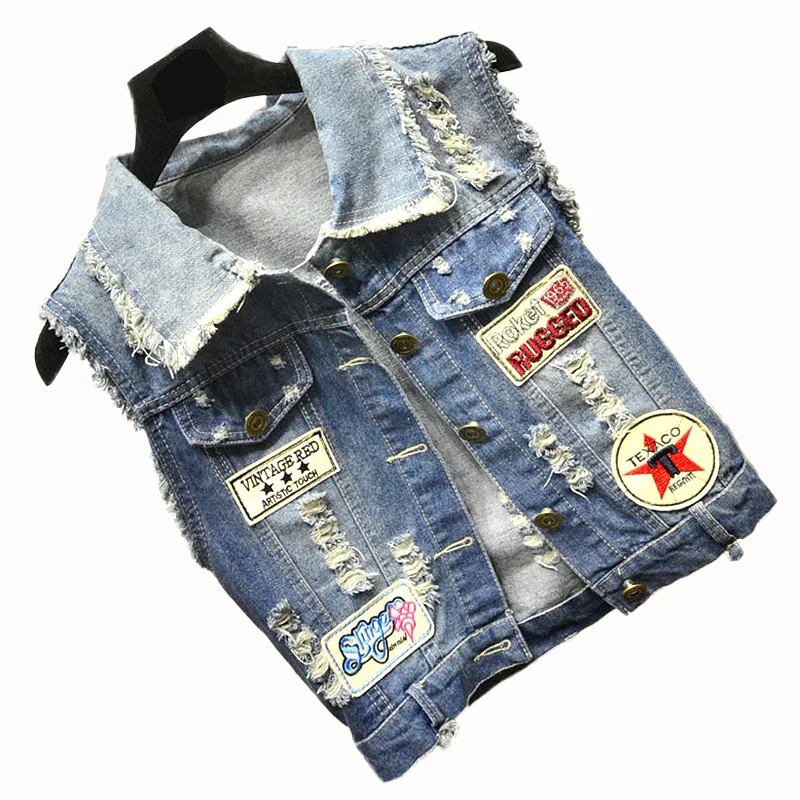 

Autumn Denim Vest Women Casual Colete Sleeveless jacket Coat Vintage Patch Designs Turn-down Collar Breasted Jean veste femme