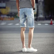 Большие размеры мужские хлопковые светло-голубые джинсовые шорты новые мужские дырочки до колена Короткие джинсы однотонные повседневные шорты размер 42