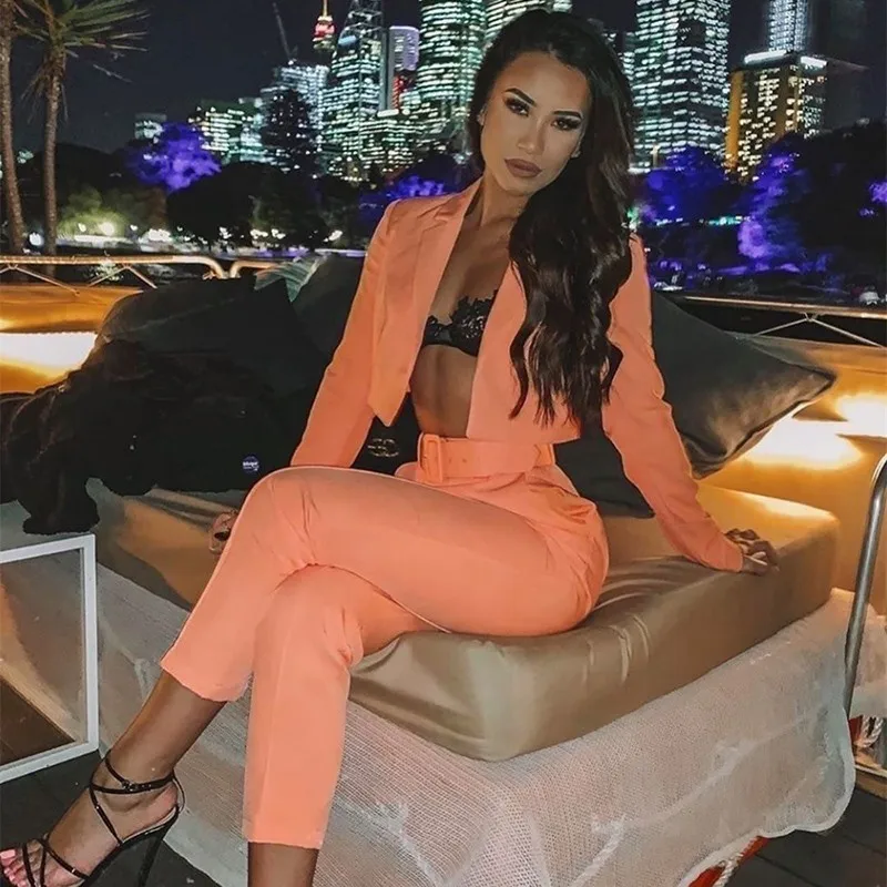 Causey Casual Women Suits Office Sets Fluorescence Neon Green Suit Women 2019 Crop Top And Pant Suits For Women Blazer Set
