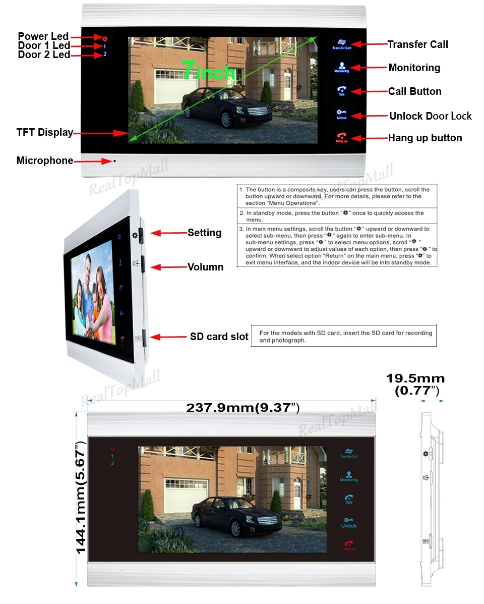 Горячие Продажа Новые 7 дюймов 1200TVL видео дверной звонок Домофон с IP65 Камера домофона 1V4