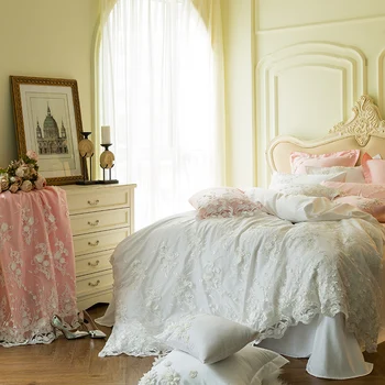 

IvaRose 4/7pcs white blue pink lace bed linen Egyptian cotton girls bedding set housse de couette quilt cover set