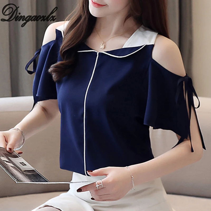 

Dingaozlz Elegant Chiffon shirt Bow tie Women clothes Patchwork Casual Off the shoulder Chiffon blouse Tops