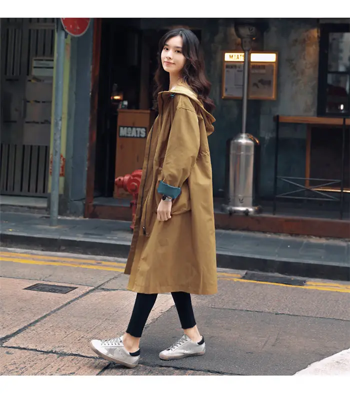 Шикарная ветровка Женская длинная Осенняя новая свободный, в Корейском стиле Студенческая 2019 популярная Повседневная куртка с капюшоном