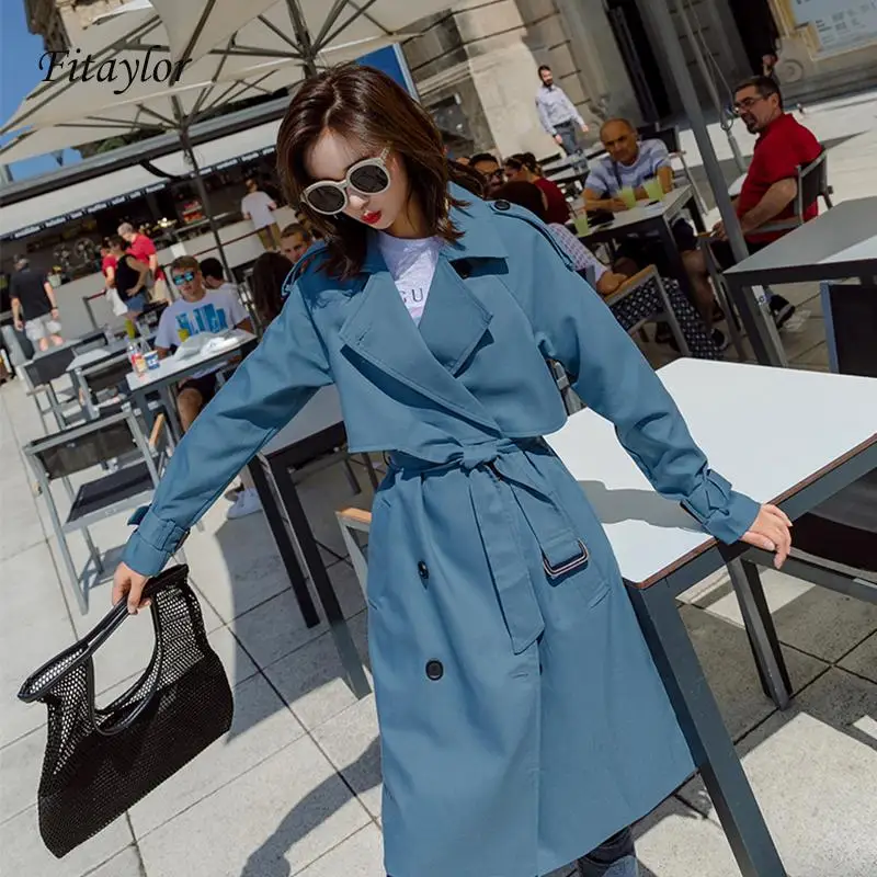 Fitaylor New Autumn Long Trench Coat Women Fashion Classic Double Breasted Belt Windbreaker Trench Coat Casual Business Outwear - Color: Sky Blue