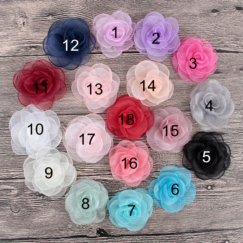 

10PCS 18colors Newborn Gauze Layered Flower For Baby Girls Hair Accessories Handmade Rose Fabric Flowers For Fashiion Headbands