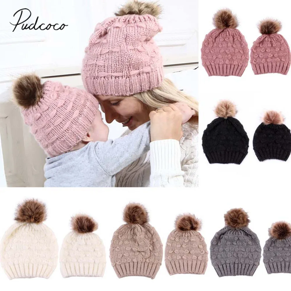 

2018 Brand New Mom Beanie Hat Cap Knitted hat Newborn Baby Knit Soild Cotton Blend Women Warm Matching 1PC Mom Hat+1PC Baby Hat