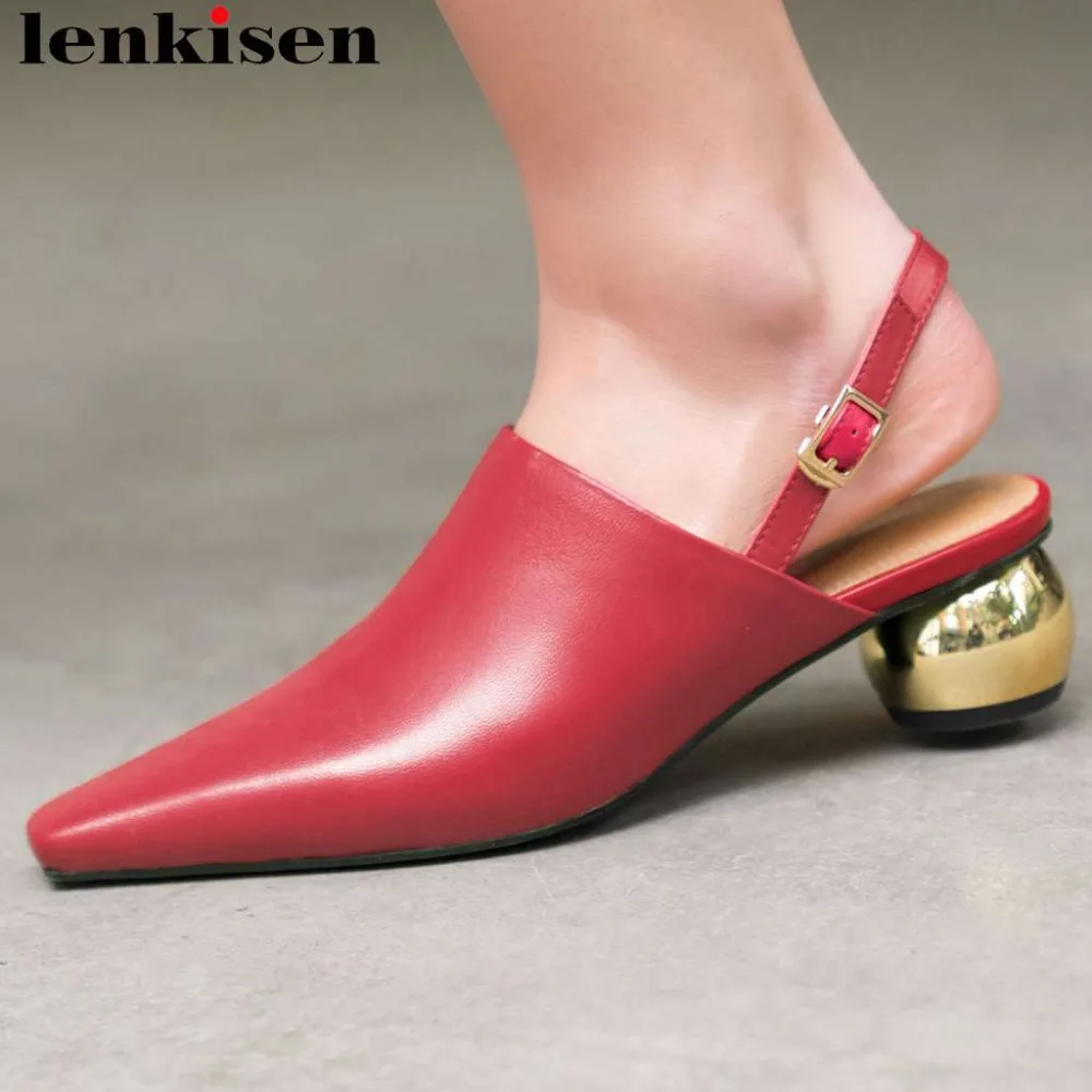 

Lenkisen luxury sheep leather buckle strap metal med heels slingback women pumps square toe elegant lady fashion show shoes L65