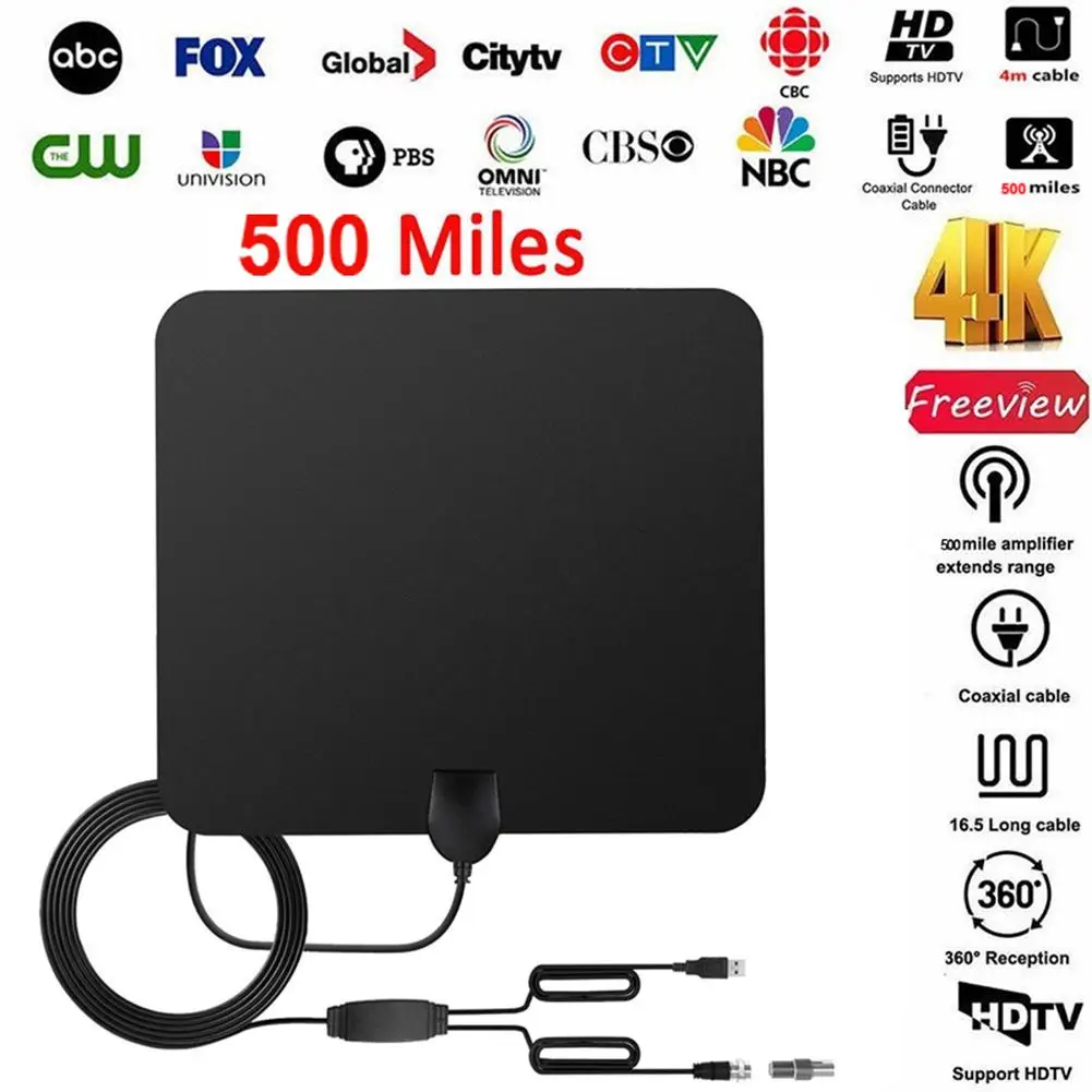 Комнатная ТВ антенна ATSC HD 500 миль внутренняя UHF/VHF/1080p 4K цифровая поддержка F switch