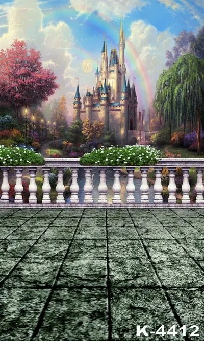 

Oil Painting Vintage Castle Beautiful Blue Sky Rainbow Scenery Floor Support Stand Background Backdrops Vinyl For Photo 5x7ft
