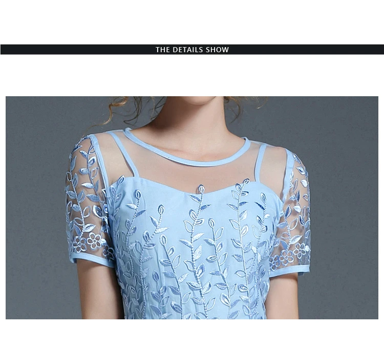 Elegant Mesh Short Sleeve Sky Blue Flower Dress