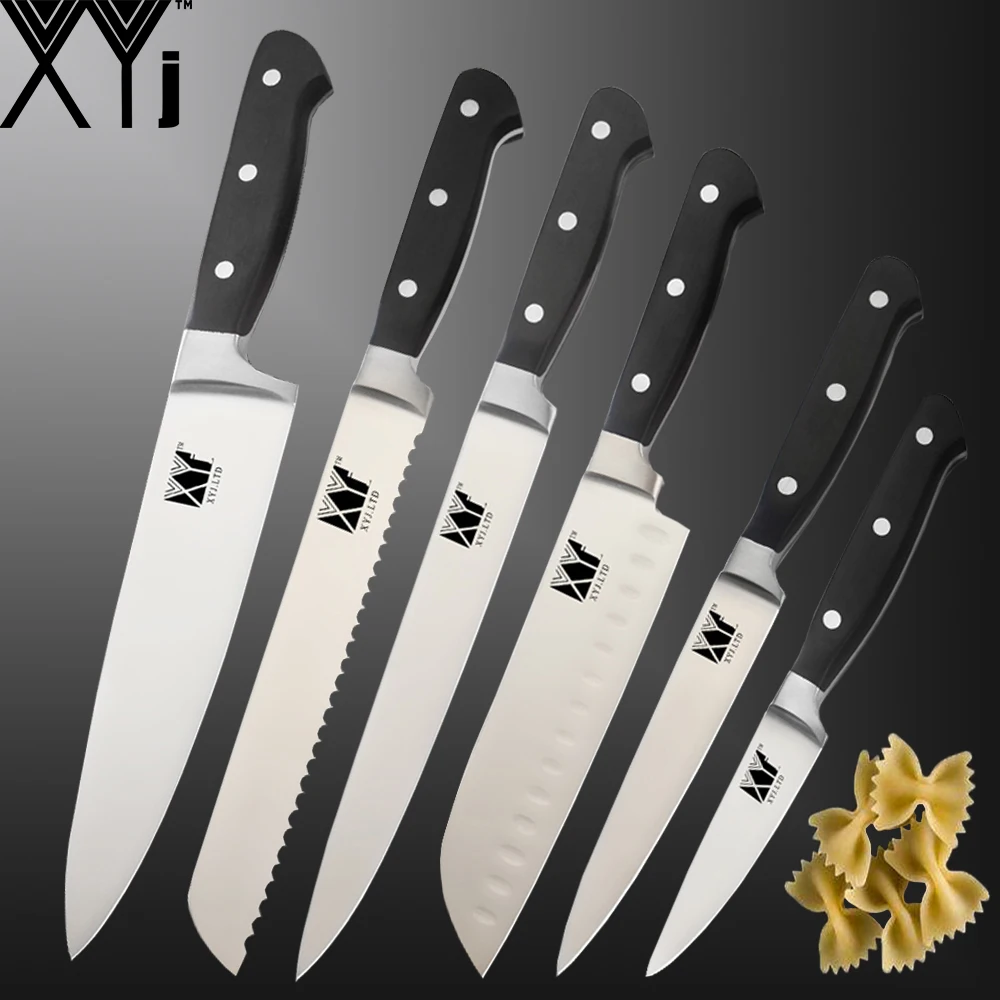 

XYj Stainless Steel Kitchen Knives Set ABS Handle Chef Bread Knife Slicing Santoku Meat Cleaver Utility Knife Set
