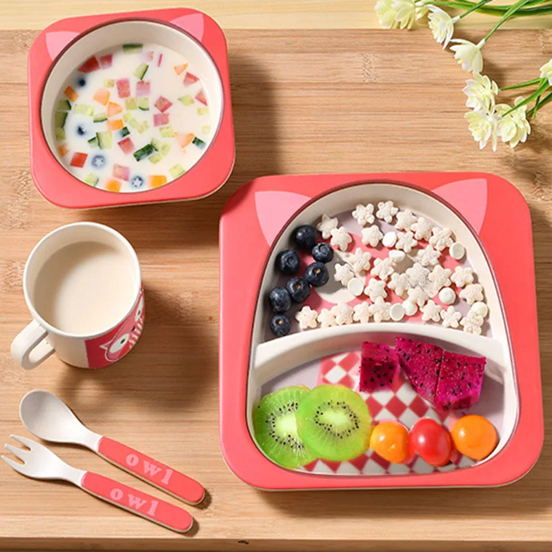 Baby Bamboo Fiber Dinnerware Children Safety Tableware Set Animal Cartoon Plate Bowl Fork Spoon Cup Food Feeding Dishes BB3092 (7)