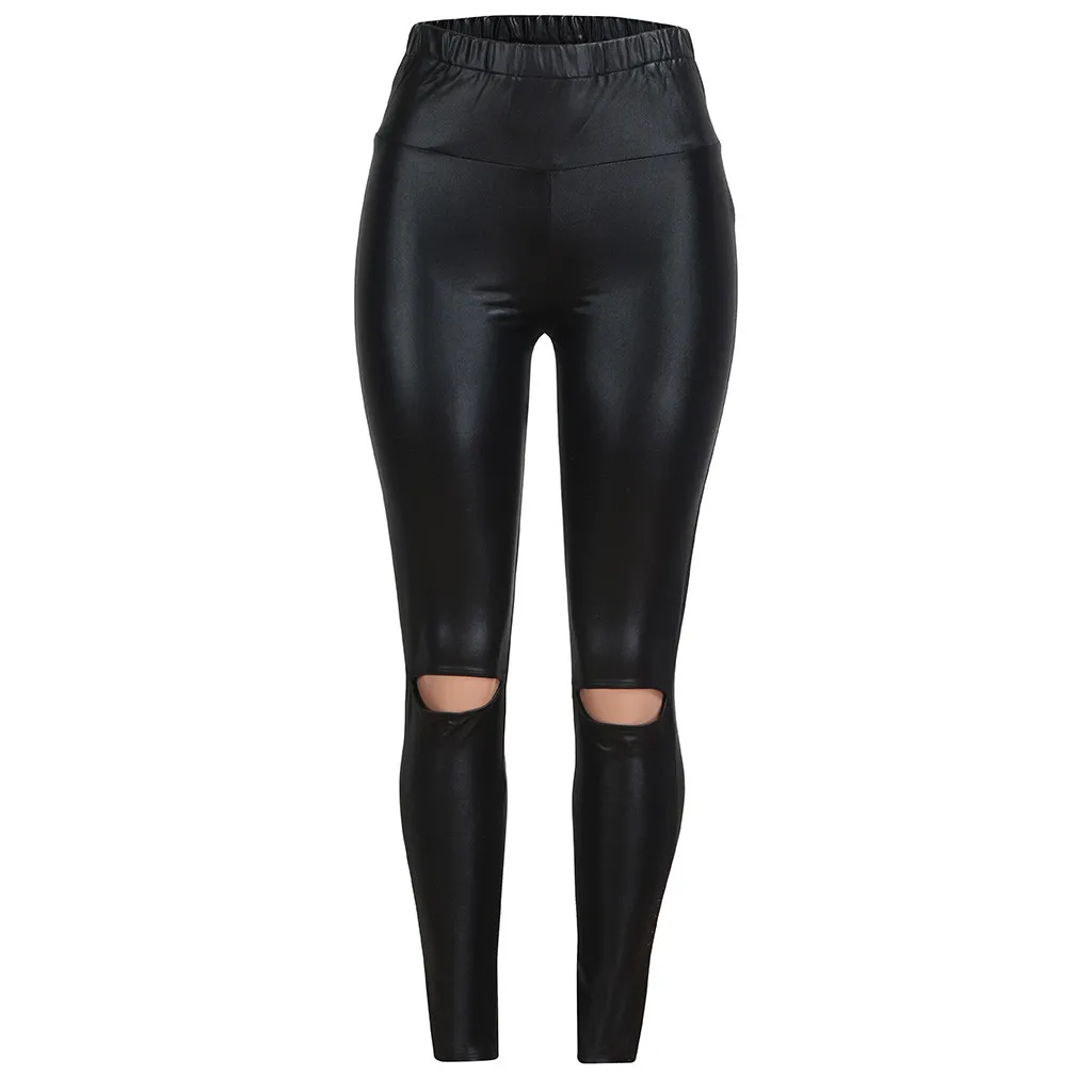 Perimedes Для женщин выше колена штаны для йоги кроя рваные джинсы скинни с завышенной талией кожаные легинсы, обтягивающие брюки# G25