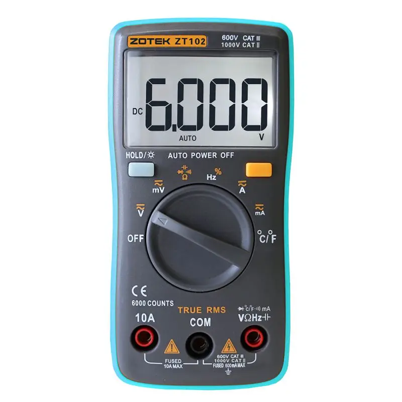 ZT102 Multimeter 6000 counts Back light AC DC Ammeter Voltmeter Ohm Frequency Diode Temperature