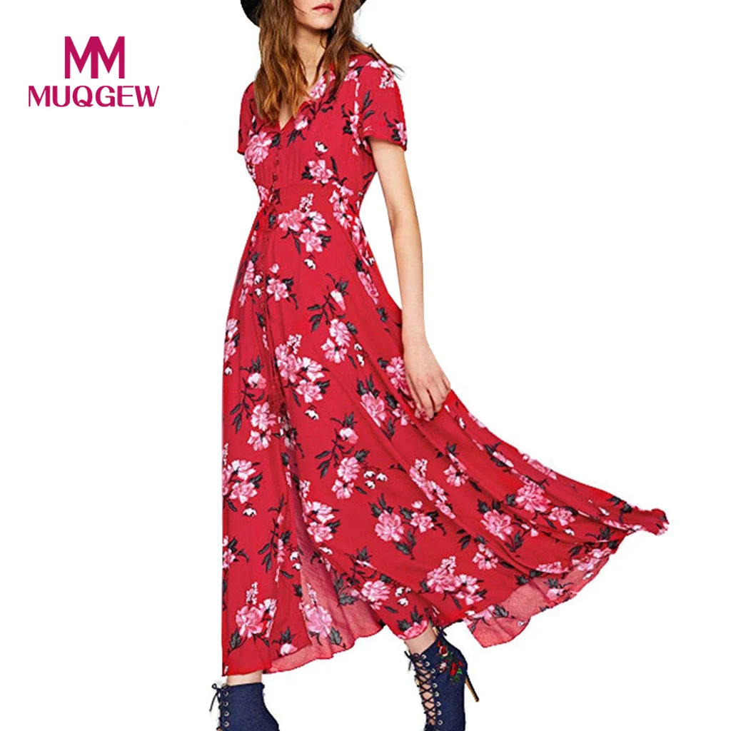 

Women V-Neck Floral Printing Chiffon Button Up Split Flowy Slim Thin sommerkleid Beach Party Maxi Dress robe femme ete 2019