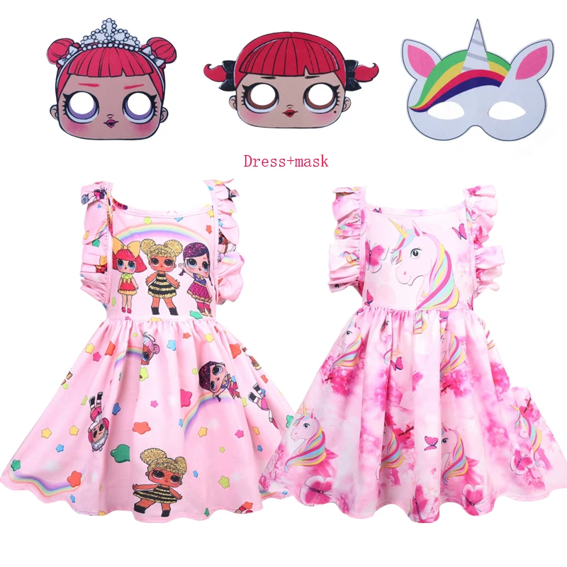 

Baby Girls Unicorn Princess Birthday Party Dress Children Kids Halloween Costume Clothes Lol Dolls Dress Clothing Unicornio Mask