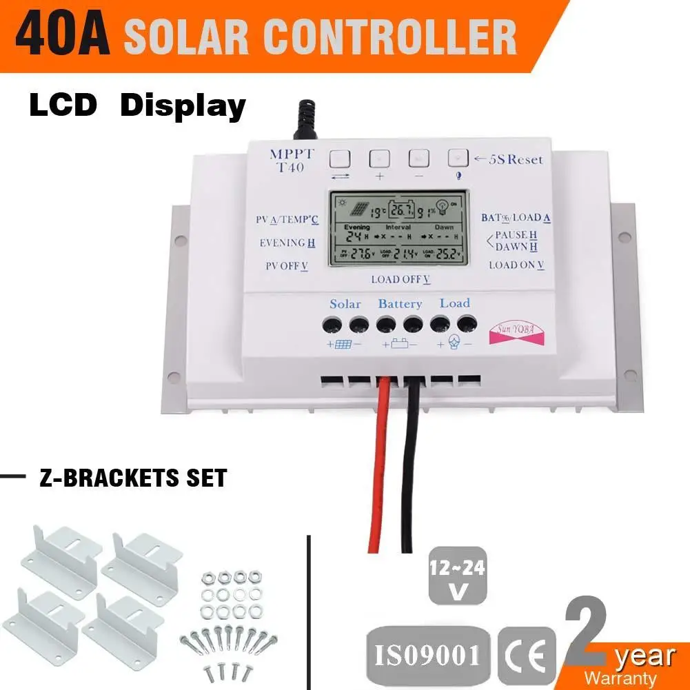 

LCD Display 40A 12V/24V MPPT Solar Panel Battery Regulator Charge Controller Three-time Auto Safe Protect + Z-Brackets Set PJW