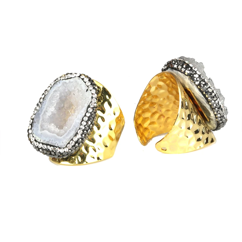 

KEJIALAI Natural Irragular Rough White Druzy Charm Pave Rhinestone Wrap Adjustable Open Big Hammered Ring Cuff For Women Man