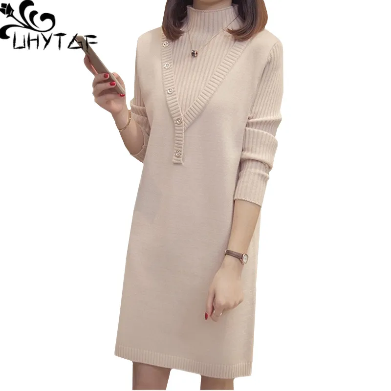 

UHYTGF 2019 New Fashion Autumn Winter dress Womens Knitted Pullover turtleneck sweater dress female Loose plus size dresses 1198