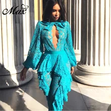 Max Spri Sexy Women Jumpsuit Floral Lace Plunge Deep V Hollow Out Fashion Party Bow Full Length Jumpsuit