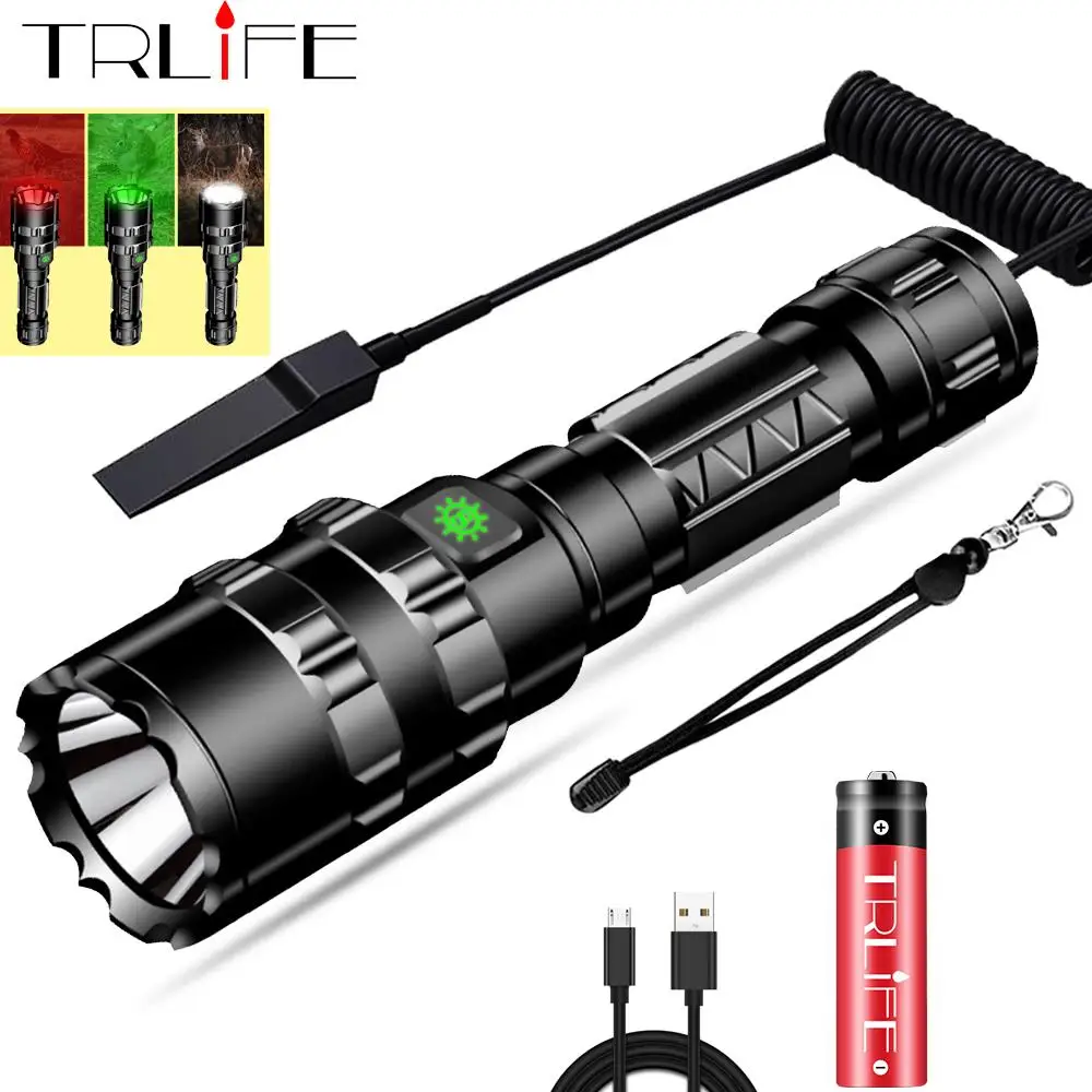 

65000Lums Red/Green/White Tactical Flashlight LED Scout L2 Ultra Bright Hunting Light USB Rechargeable Waterproof Torch by 18650