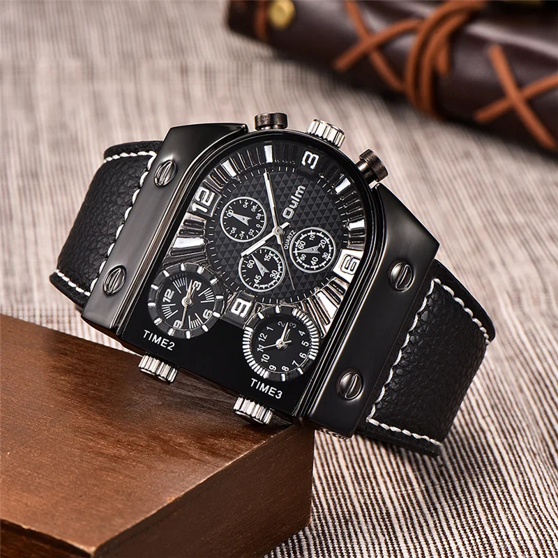  Fashion Military Mens Waches PU Leather Luxury Brand Oulm Multi-Time Zone Sport Men Quartz Watch