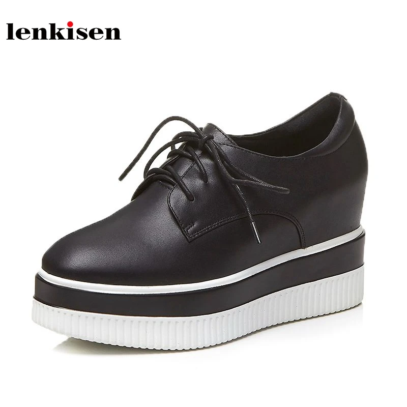 

Lenkisen cow leather square toe lace up platform sneaker causal shoes thick bottom rome simple style women vulcanized shoes L16