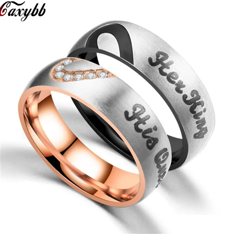 cheap Promise Couple Rings Her King amp; His Queen Heart Charm Letter Ring For Women Men Anel Masculino us size 6 12