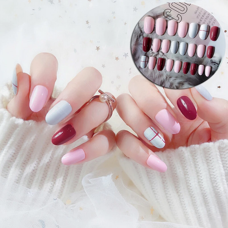 

24 pcs Cute Red False Nails Full Cover Artificial Fake Nails Press On Tips for Design Stickers Short Art Tips with Designs Color
