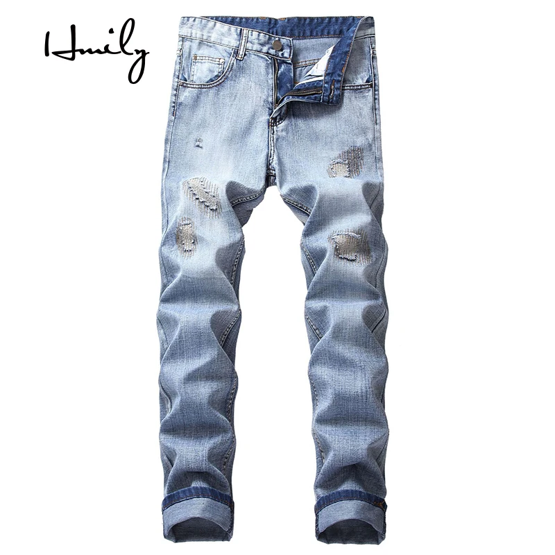 HMILY джинсы мужские модные дизайнерские рваные брендовые джинсы брюки высокого качества мужские джинсы тонкие прямые джинсы мужские