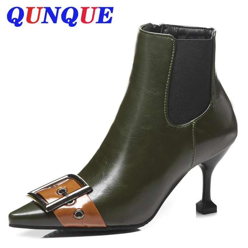 

2019 leather belt buckle ankle boots women pointed toe high heels boots 43 plus size autumn winter chelsea booties a133