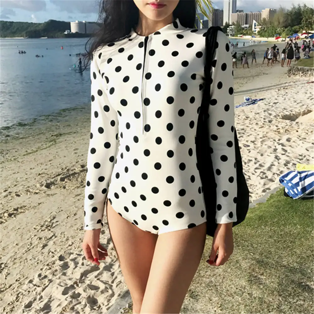 

Long Sleeve One Piece Swimsuit Dot Print Swimwear Women Push Up Monokini Zipper Swim Suit Rash Guard Bathing Suit Surf Diving