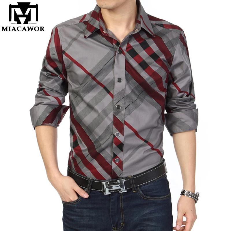 Goedkoop MIACAWOR Merk Casual Shirt Mannen 100% Katoen Mode Gestreepte Shirts Lange Mouwen Shirts Slim Fit Camisa Sociale Chemise Homme c142
