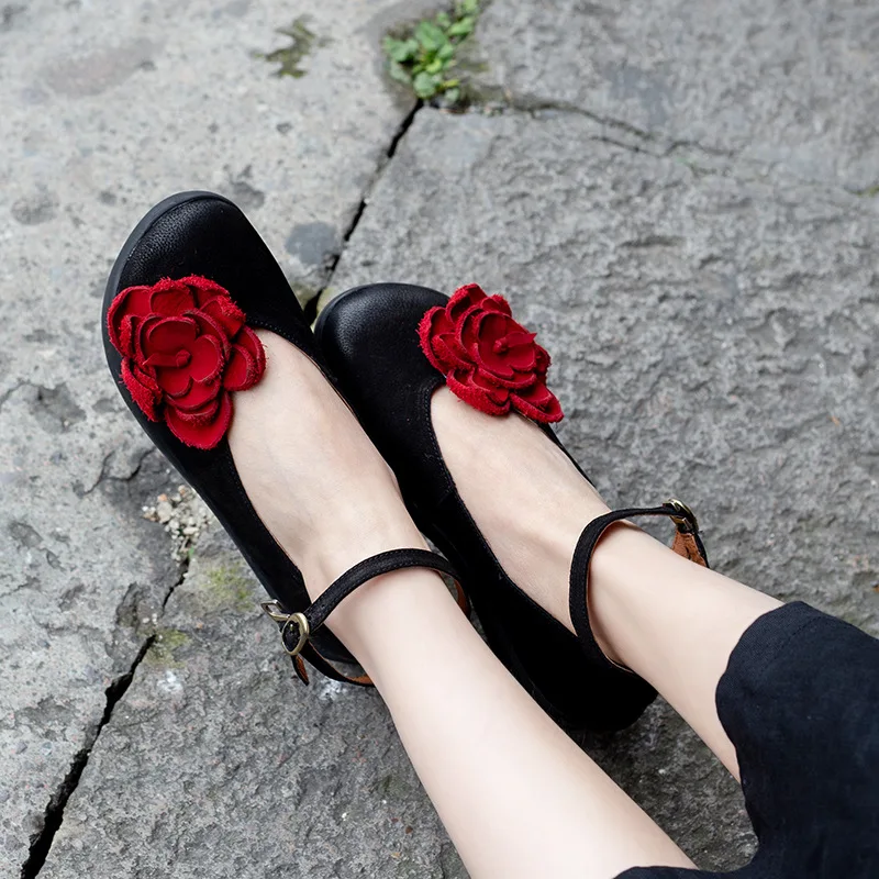 

Women Flower Pumps Genuine Leather 5 CM Low Heels Women Spring Shoes 2019 Retro Sweet Style Handmade Girl Leather Pumps Tyakwiho