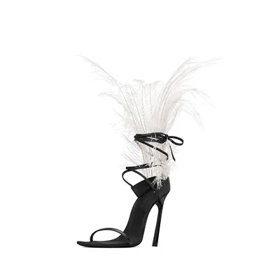 Mstacchi черные сандалии, украшенные перьями для женщин из страусового волоса Декор тонкий Обувь на высоком каблуке Танцы обувь дамы с накладкой поверх каблука; сандалии с меховой отделкой для подиумного показа обувь для вечеринок - Цвет: white