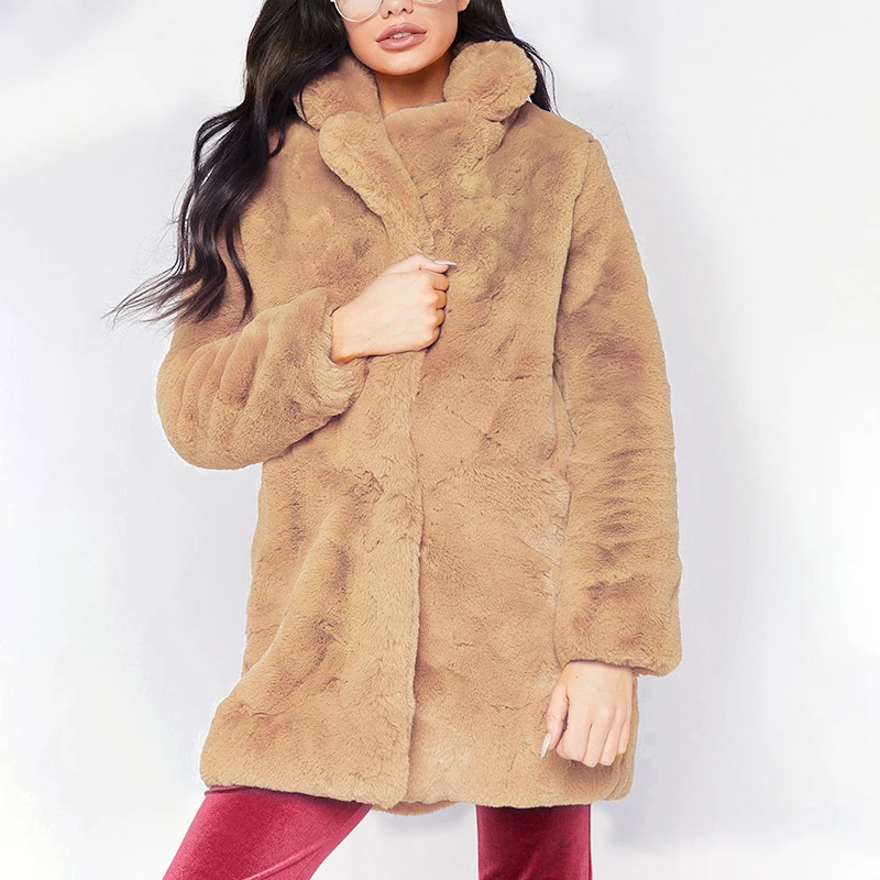 

Women Autumn Spring Fluffy Plush Faux Fur Coat Casual Long Sleeve Turn-down Collar Pockets Jacket Outerwear Plus Size 3X