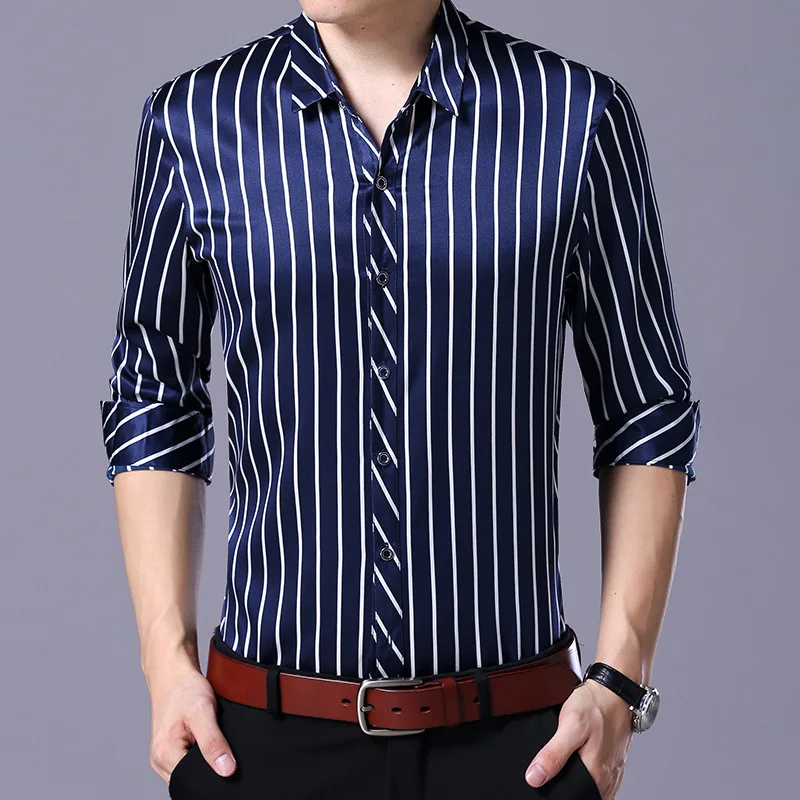 Men 92% Silk Shirt Business Casual Stripes Silk Thin Long Sleeved Shirt ...