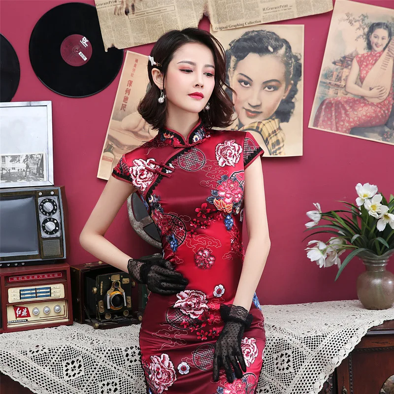 Пуговица ручной работы Qipao Винтаж китайский воротник Qipao Новинка тонкий принт короткий рукав кружева отделка Cheongsam Vestidos Размер M-4XL