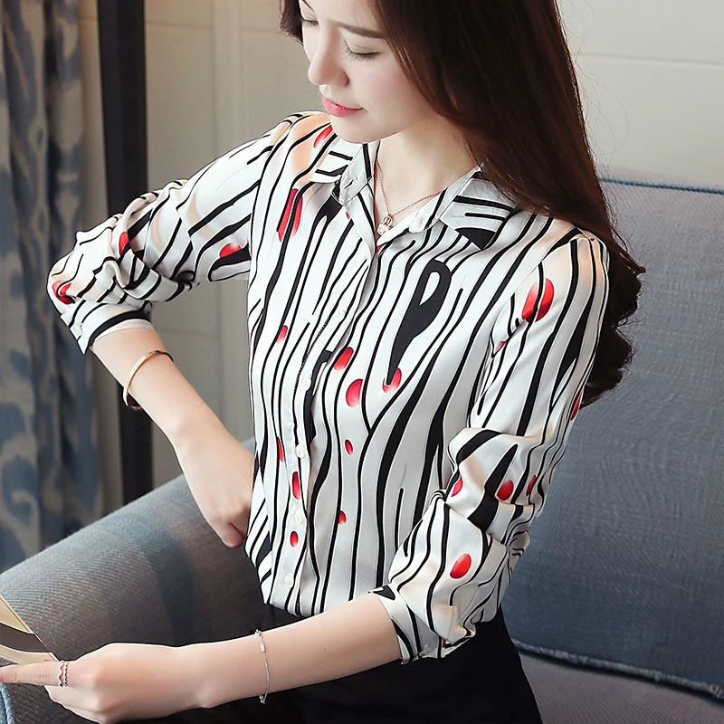 

2018 Ladies Shirts Women Blouse Shirt For Work Casual Top striped turn down collar long Sleeve Chiffon flower Print Tops 183i