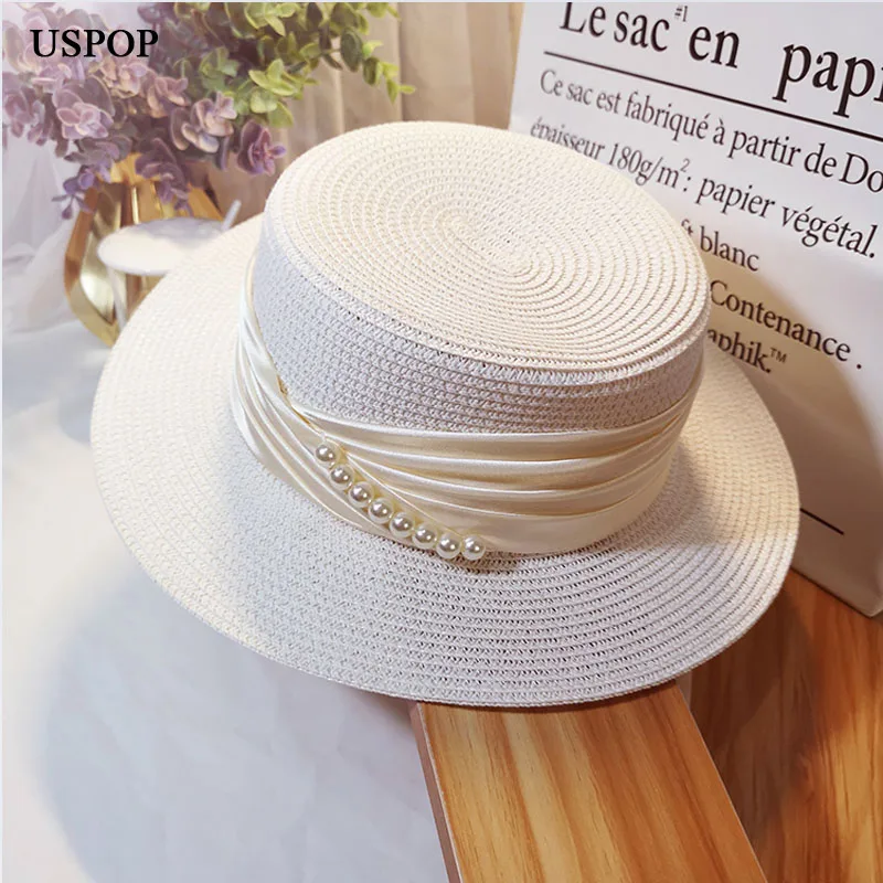 

USPOP 2019 women wide brim sun hats summer hats flat top straw hat casual female pearl ribbon beach hat