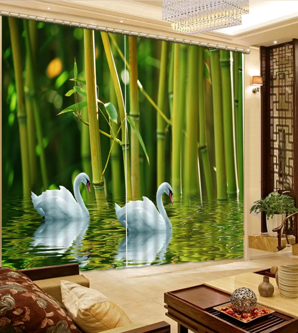 

high quality 3D curtains custom stereoscopic Lake swan bamboo forest Used for Living room window curtain bed room for windows