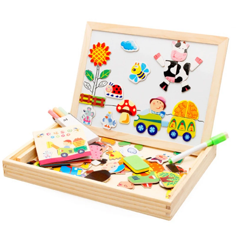 

Multifunctional Educational Farm Jungle Animal Wooden Magnetic Puzzle Toys For Children Kids Jigsaw Baby's Drawing Easel Board