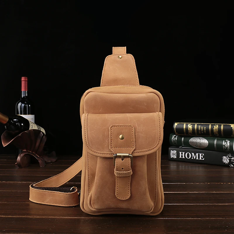 Men Shoulder Bag Small Cell Phone Flap Genuine Leather Bag Strap Sling