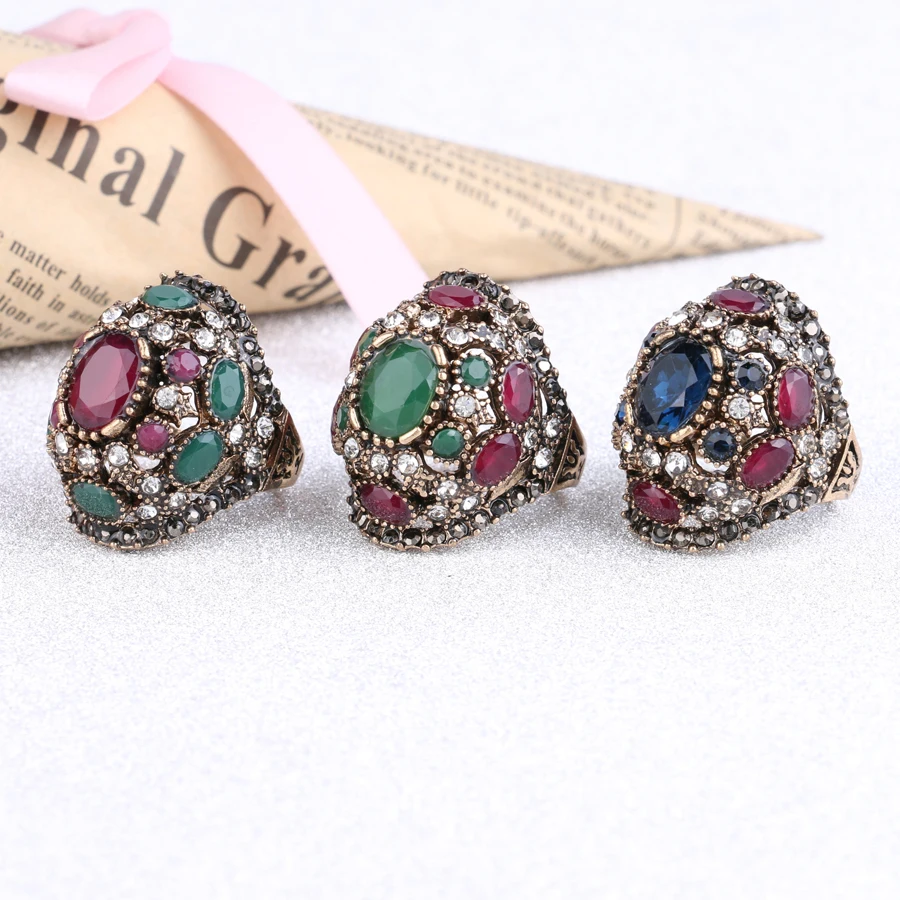 Crystal Rings Luxury Turkish Colorful Resin Ring Ancient Gold Vintage Wedding Rings For Women Crystal Accessories Gift