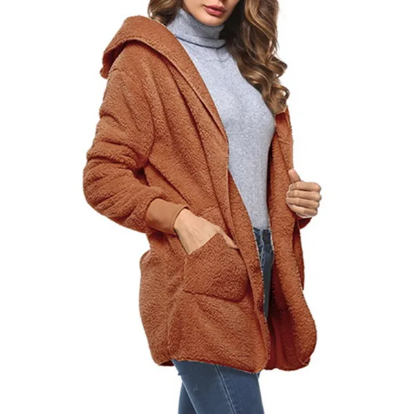 Искусственный мех с капюшоном размера плюс осеннее пальто женские теплые открытые стежки с длинным рукавом двусторонние куртки и куртки для женщин Casaco Feminino