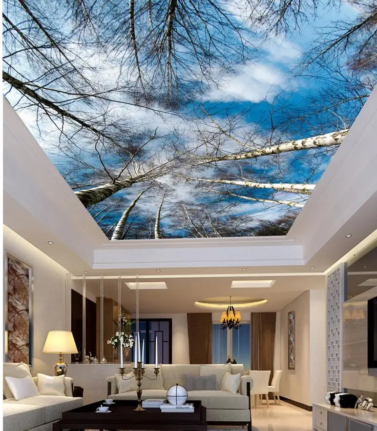 Wanddecoratie 3d behang natuur Sky berken plafond 3d behang moderne voor woonkamer muurschilderingen plafond