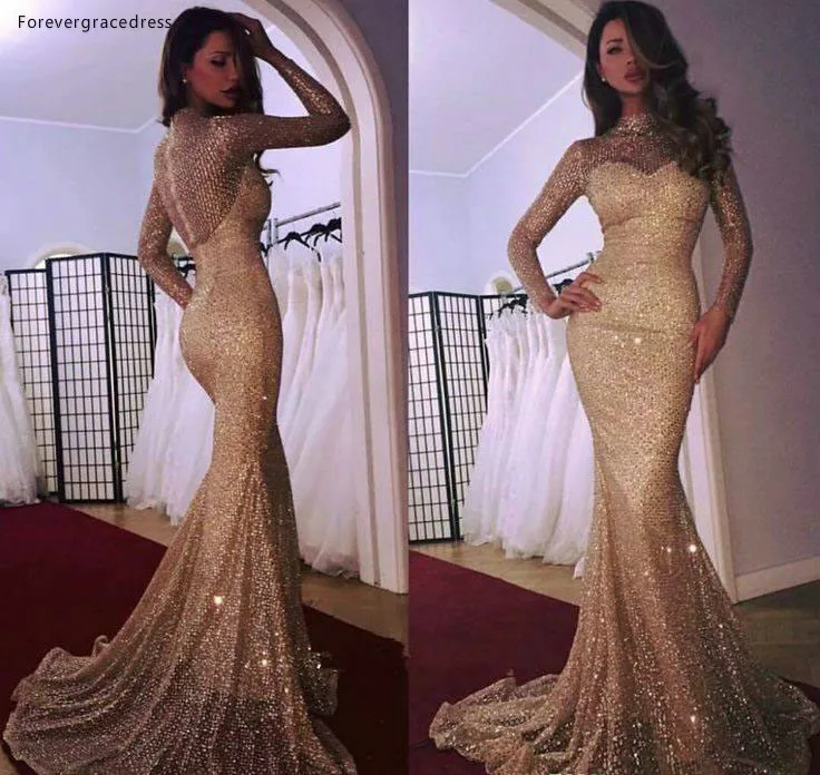 Glitz Sequins Mermaid Evening Dresses Vintage Sheer Long Sleeves High Neck Women Party Pageant Gowns Arabic Celebrity Dress Prom Gown  118
